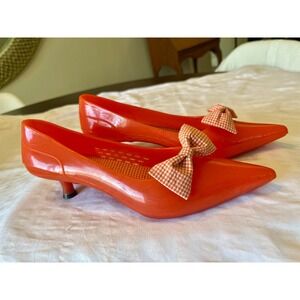 JC Jelly Kitten Heel Pumps Womens 7 Orange Excellent Gingham Bow Pointed Toe